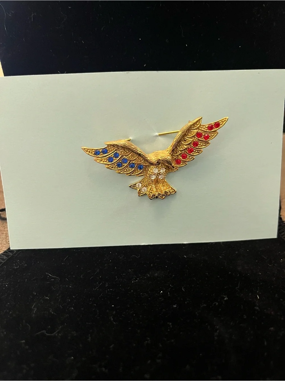 Gold Eagle Bird Brooch with Red & Blue Accents